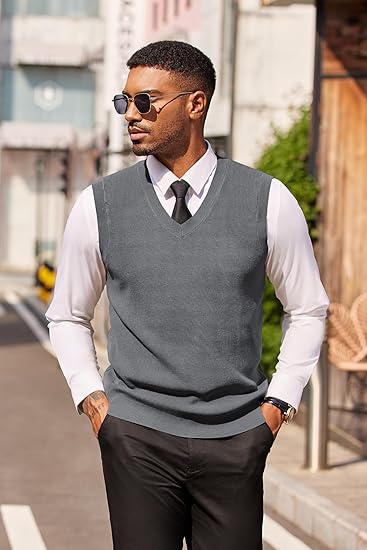 81eLZm5xFCL._AC_SY550_ Men's V-Neck Slim-Fit Knitted Sweater Vest - Image 2